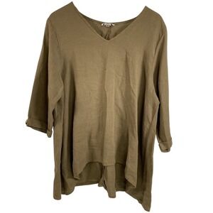 Habitat Linen Tunic Top Womens Medium Brown V Neck High Low Sleeve Button USA